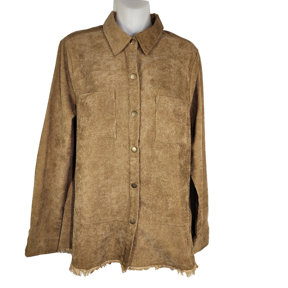 Doe & Rae Women Shirt Corduroy Collared Snap Front Cowgirl Western Raw Hem Small